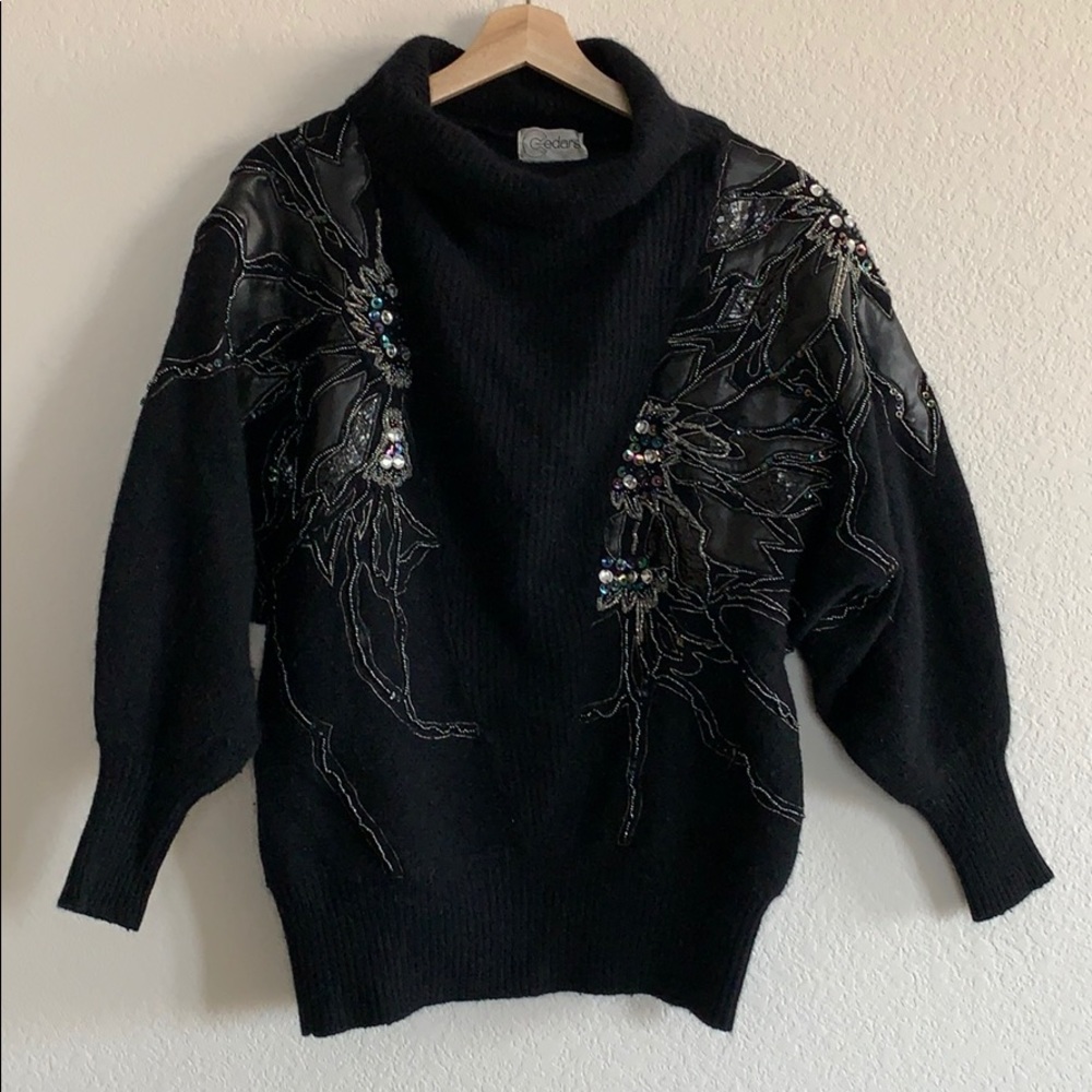 Vintage Black Cowl Neck Sweater with Embellishments - Picture 2 of 16